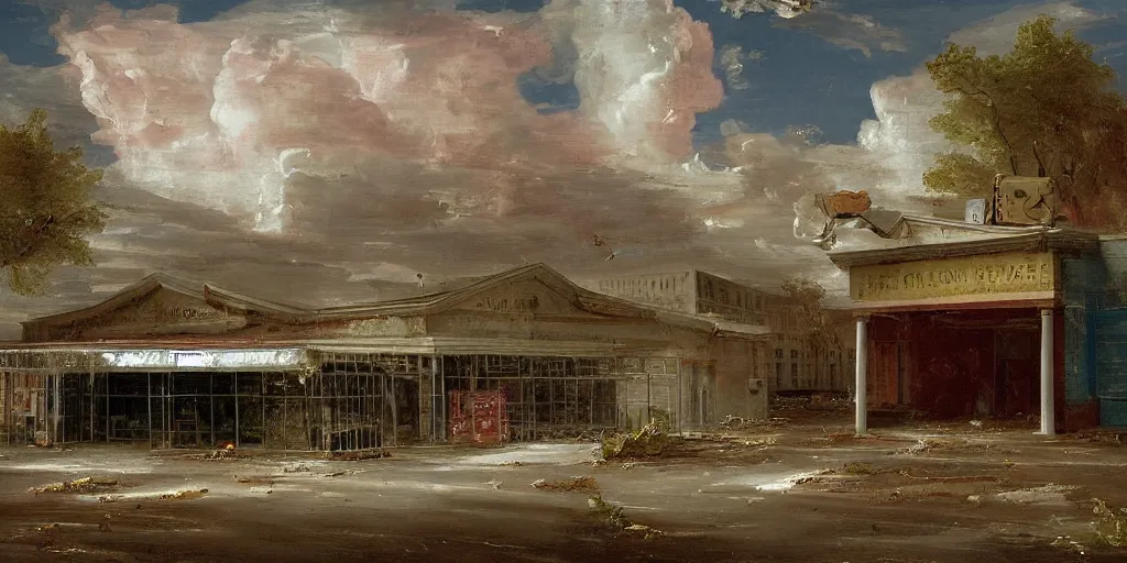 Image similar to an abandoned supermarket painted by thomas cole