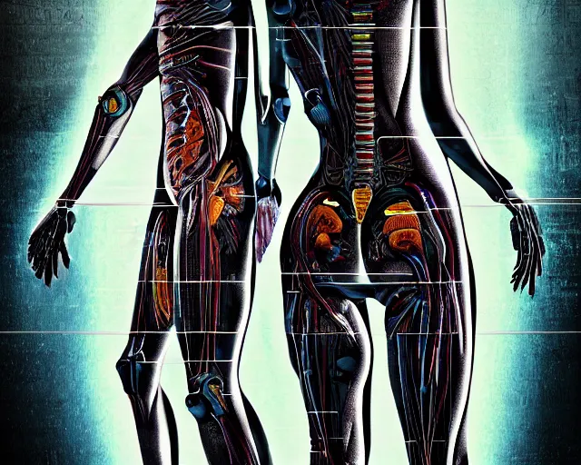 Image similar to female cyberpunk android, highly detailed labeled medical anatomy poster anatomical drawing, high resolution