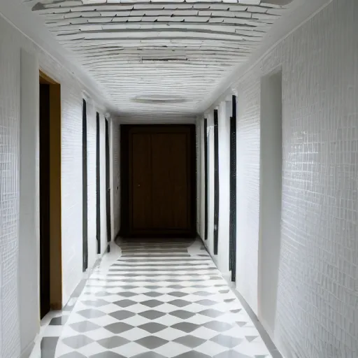 Image similar to a curved hallways made of white tiles, flooded,