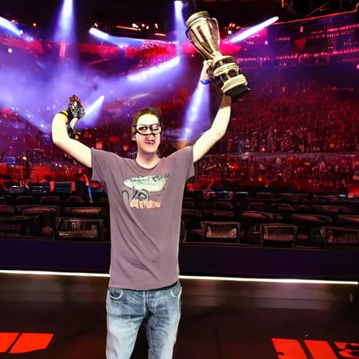 Image similar to Dwight Shrute winning a major E-Sports CS:GO tournament in a stadium in front of a crowd, lifting the trophy, 4k image