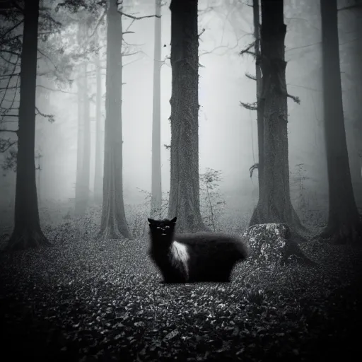 Image similar to giant black fluffy demon in the centre of misty forest, monochrome lomography