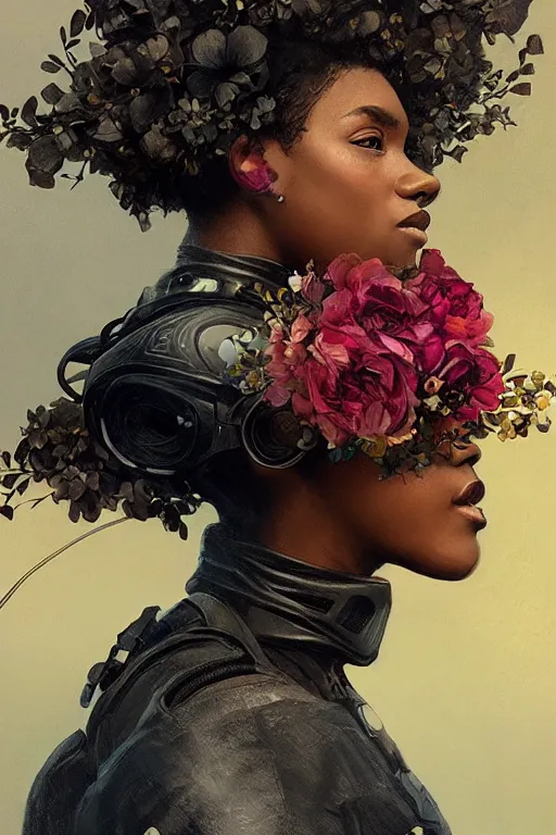 Prompt: ultra realistic illustration, black girl with flowers blossoming from helmet, elegant, highly detailed, digital painting, concept art, smooth, sharp focus, illustration, art by artgerm and greg rutkowski and alphonse mucha