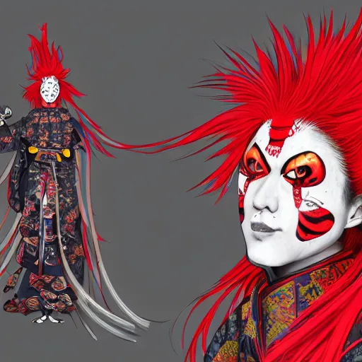 Image similar to an insane kabuki warrior wielding a spear while emitting a distorting psychedelic aura of madness, intricate hakama, red wig, crossed eyes, hazy atmosphere, high energy, trending on artstation, detailed concept art,