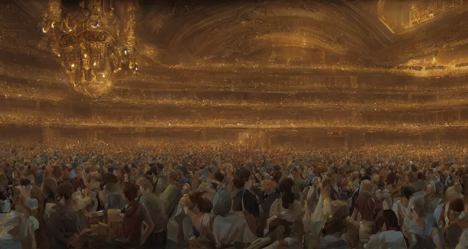 Prompt: craig mullins and ghibli digital art of inside the grand theater, a large audience, on the stage, masked female violinists, exotic costumes, gold jewelry, black hair, solo performance unreal engine, hyper realism, realistic shading, cinematic composition, realistic render, octane render, detailed textures, photorealistic, wide shot