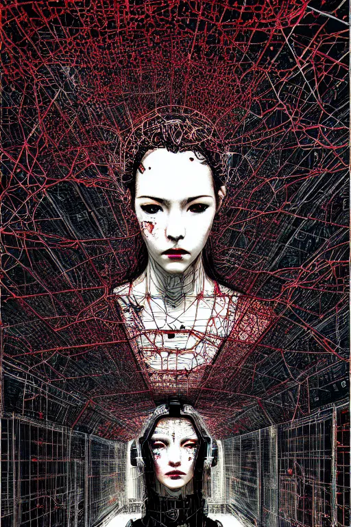 Prompt: dreamy cyberpunk girl, abstract black leather, digital nodes, beautiful woman, detailed acrylic, grunge, intricate complexity, by dan mumford and by chiharu shiota, peter lindbergh