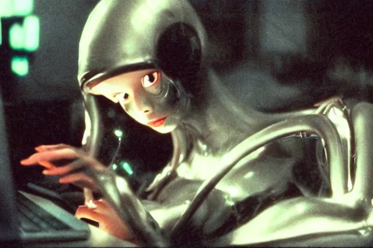 Image similar to alien catgirl using a computer to check her email submerged in translucent goo, over the shoulder perspective, in 1 9 8 5, y 2 k cybercore, industrial low - light photography, still from a kiyoshi kurosawa movie