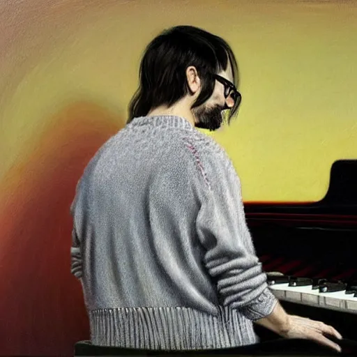 Image similar to An Oil Painting of the back view of Rivers Cuomo in a sweater with long hair and a mustache masterfully playing the piano, hyperrealistic, extremely realistic, highly realistic, HD Quality, 4k resolution, 8k resolution, Detailed, Very Detailed, Highly Detailed, Extremely Detailed, Intricate Details, Real, Very Real, Oil Painting, Digital Painting, Painting, Trending on Deviantart, Trending on Artstation