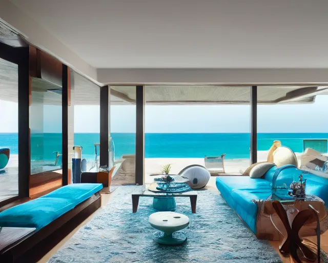 Image similar to A modern living room in a ocean hues style next to a big terrace overlooking the ocean, a luxurious wooden coffee table with large seashells on top in the center, inspired by the ocean, calm, relaxed style, harmony, wide angle shot, 8k resolution, ultra detailed