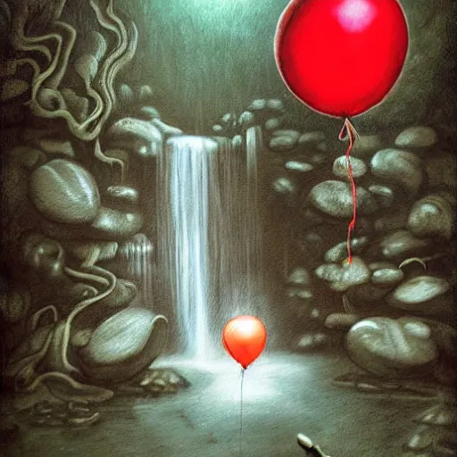 Image similar to grunge painting of a waterfall with a wide smile and a red balloon by chris leib, loony toons style, pennywise style, corpse bride style, creepy lighting, horror theme, detailed, elegant, intricate, conceptual, volumetric light