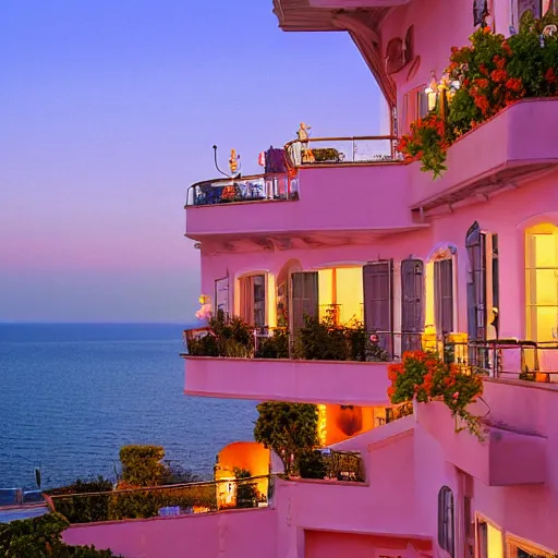 Prompt: a french building. sunset lighting. sea in the background. balconies with flowers. a terrace on the roof with a man and a woman dining. a picture by dave lachapelle