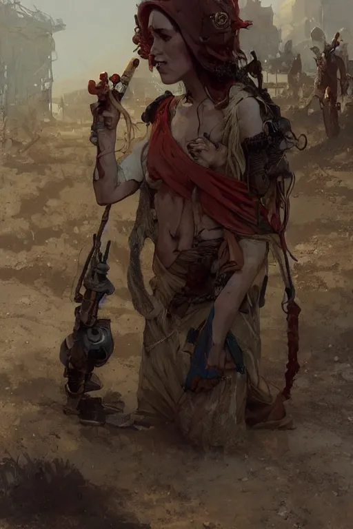 Image similar to a full body portrait of a beautiful post apocalyptic offworld inventors district bedouin blind pulp fiction scarlet wild rogue barbarian leper begging by the roadside, intricate, elegant, highly detailed, digital painting, artstation, concept art, smooth, sharp focus, illustration, art by krenz cushart and artem demura and alphonse mucha