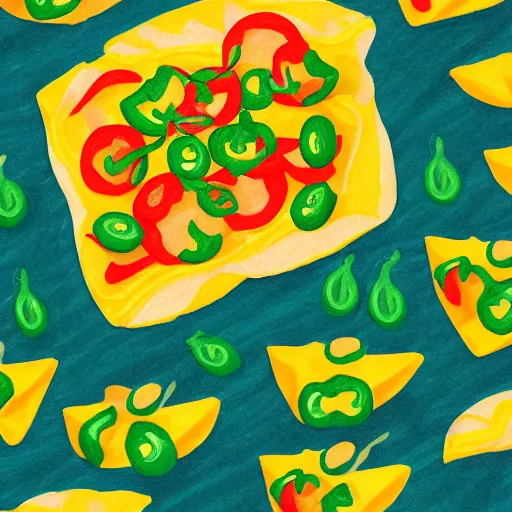 Image similar to drawing of nachos with cheese and jalapeno illustrations, white background, drawing, cartoon, in the style of shyama golden