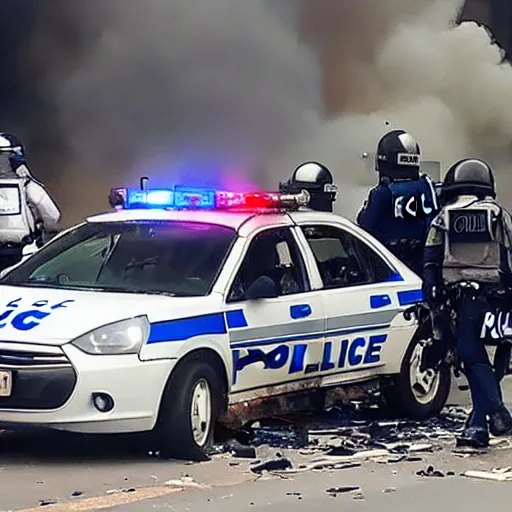 Prompt: Police car on fire, riot