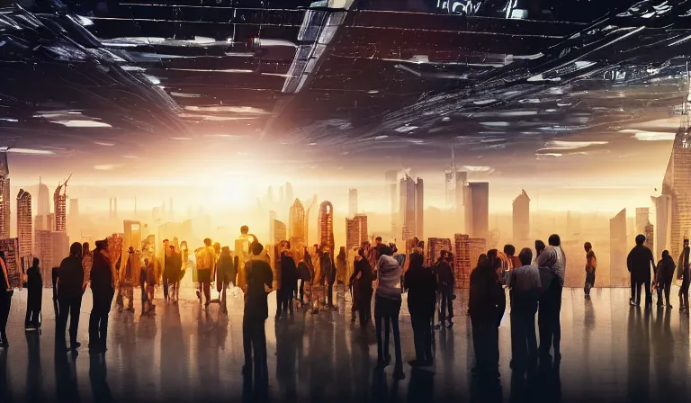 Image similar to large group of people in simple warehouse, looking at hologram of futuristic city on a table, cinematic concept art, godrays, golden hour, natural sunlight, 4 k, clear details, tabletop model buildings, center model buildings, hologram center, crane shot, crane shot, crane shot