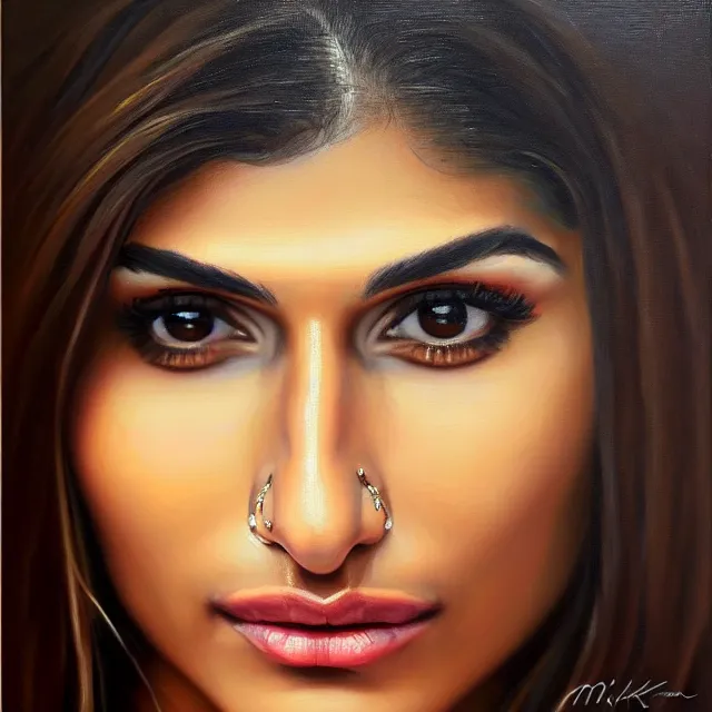 Prompt: stunning serene portrait of mia khalifa by Mark Arian, oil on canvas, masterpiece, realism, piercing gaze, autumn bokeh