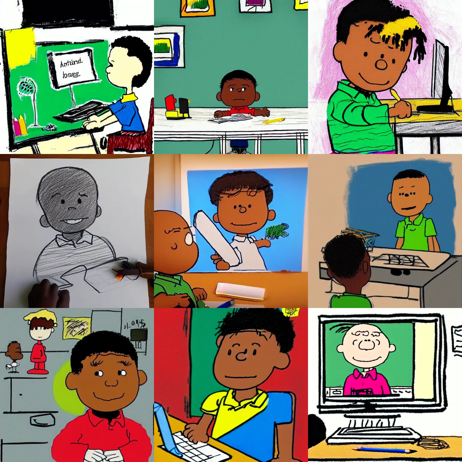 Prompt: a simple kid's crayon drawing of a handsome young nigerian 👦🏿 boy working at his home computer in his office, artstation, in the style of peanuts and charlie brown, by rossdraws and artgerm and studio ghibli and basquiat, masterpiece, no type, no words, no letters, hd, award winning, solid color background