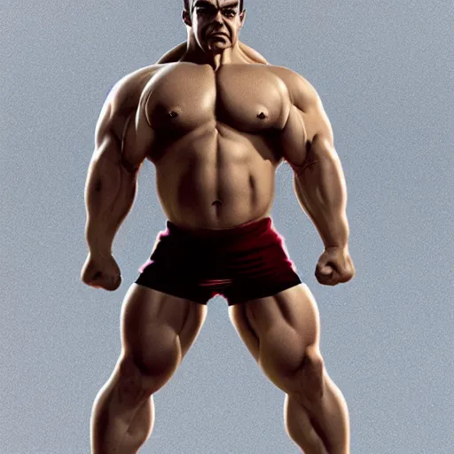 Image similar to upper body portrait of a hulking bulky swole steroids musclebound huge bodybuilder muscular herculean chiseled mr bean rowan atkinson, cinematic lighting, photorealistic, octane render, 8 k, depth of field, 3 d, art by artgerm and greg rutkowski and alphonse mucha and uang guangjian and gil elvgren and sachin ten