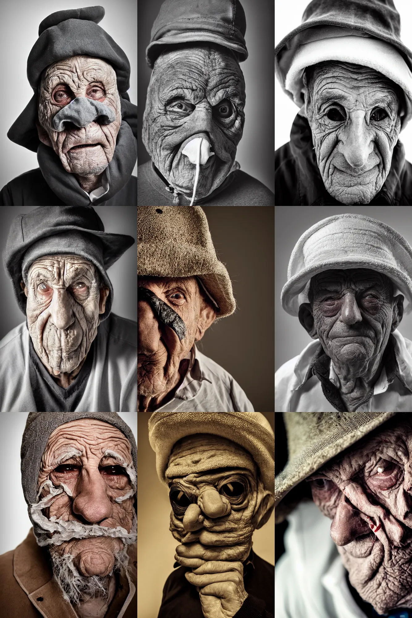 Prompt: high contrast studio close - up portrait of a wrinkled old man wearing a pulcinella mask, clear eyes looking into camera, baggy clothing and hat, backlit, dark mood, nikon, photo by eolo perfido, masterpiece
