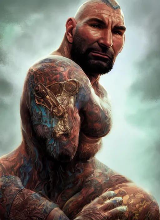 Image similar to A fantasy comic book style portrait painting of Dave Bautista as a druid in a stunning fantasy fortress, unreal 5, DAZ, hyperrealistic, octane render, RPG portrait, dynamic lighting