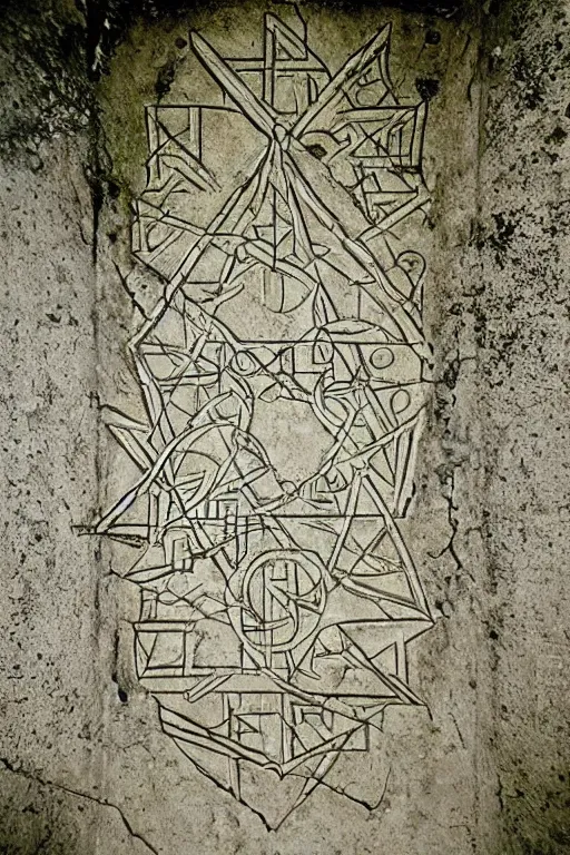 Image similar to the kabbalistic key to the sephira daath, etched into a wall with little bits of crystals, the floor covered by moss cgsociety