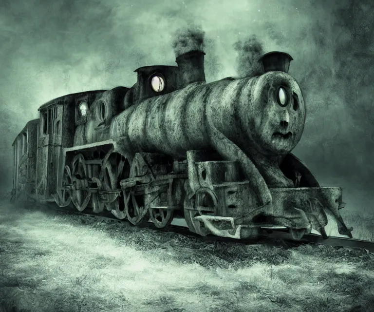 Image similar to magical ghost train, high res, photorealistic, dark atmosphere, dark fantasy, gloomy tracks, bright lights, forestry