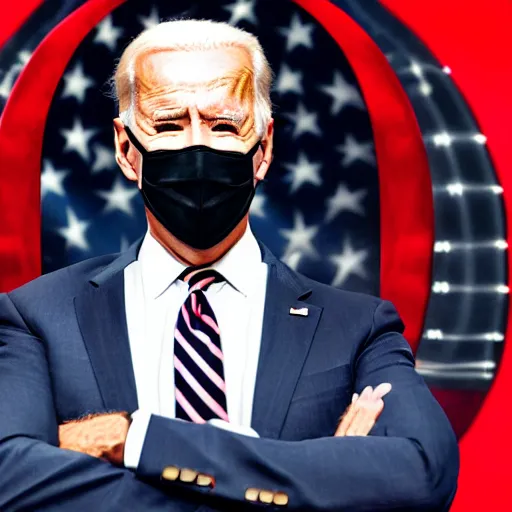 Image similar to cinematic portrait of joe biden with glowing red eyes wearing futuristic armor, black background, dramatic,