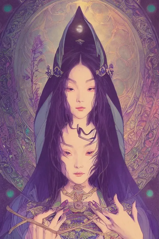 Prompt: a beautiful render of absolutely beautiful asian witch, gothic background, a beautiful face, perfectly shaded, atmospheric lighting, style of makoto shinkai, raphael lacoste, louis comfort tiffany, artgerm, karol bak, james jean, alphonse maria mucha