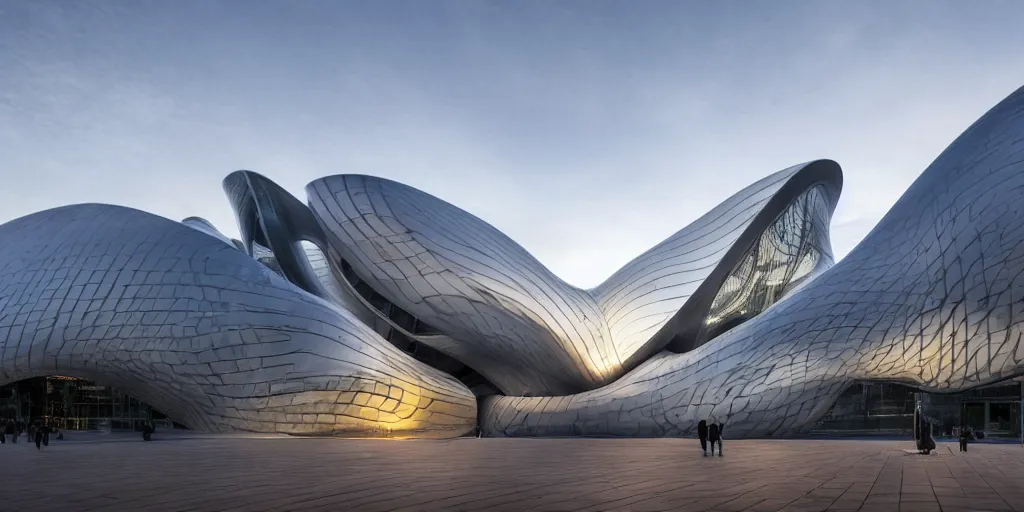 Image similar to extremely elegant smooth detailed stunning sophisticated beautiful elegant futuristic museum exterior by Zaha Hadid, Milan buildings in the background, smooth curvilinear design, stunning volumetric light, stainless steal, concrete, translucent material, beautiful sunset, tail lights