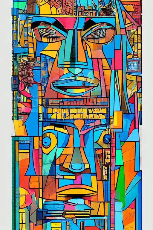 Image similar to cubist moai statue cutout digital illustration cartoon colorful beeple