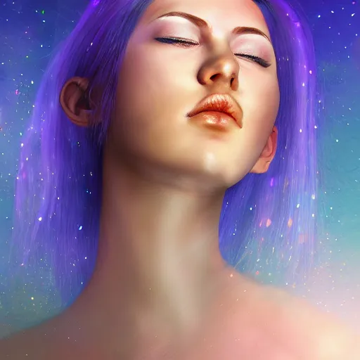 Prompt: portrait of a beautiful girl with iridescent translucent hair, her eyes are closed, hair is floating, digital art, ethereal, dim lighting