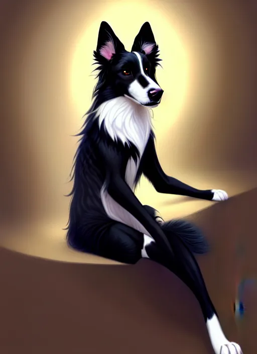 Image similar to wide angle beautiful full body portrait of a cute male anthropomorphic anthro border collie fursona wearing a black dress and sitting in a parlor room, character design by charlie bowater, henry asencio, and ross tran, furry art, furaffinity, beautiful, glamor pose, detailed, aesthetic, trending on artstation