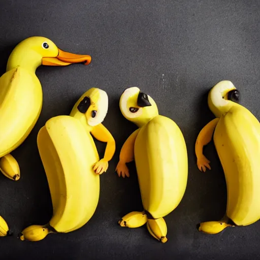 Image similar to professional photograph of banana ducks, peeled bananas with googly eyes and duck beaks