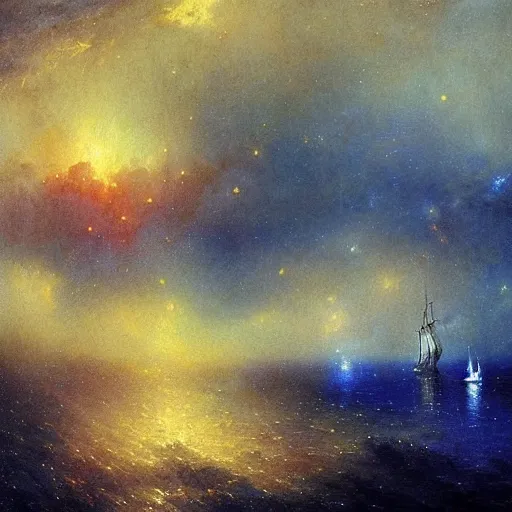 Image similar to sailing ship, cosmic nebula, artstation, by andrea rocha, by ivan aivazovsky, by john harris, impressionism, watercolor, dramatic scenery, hdr