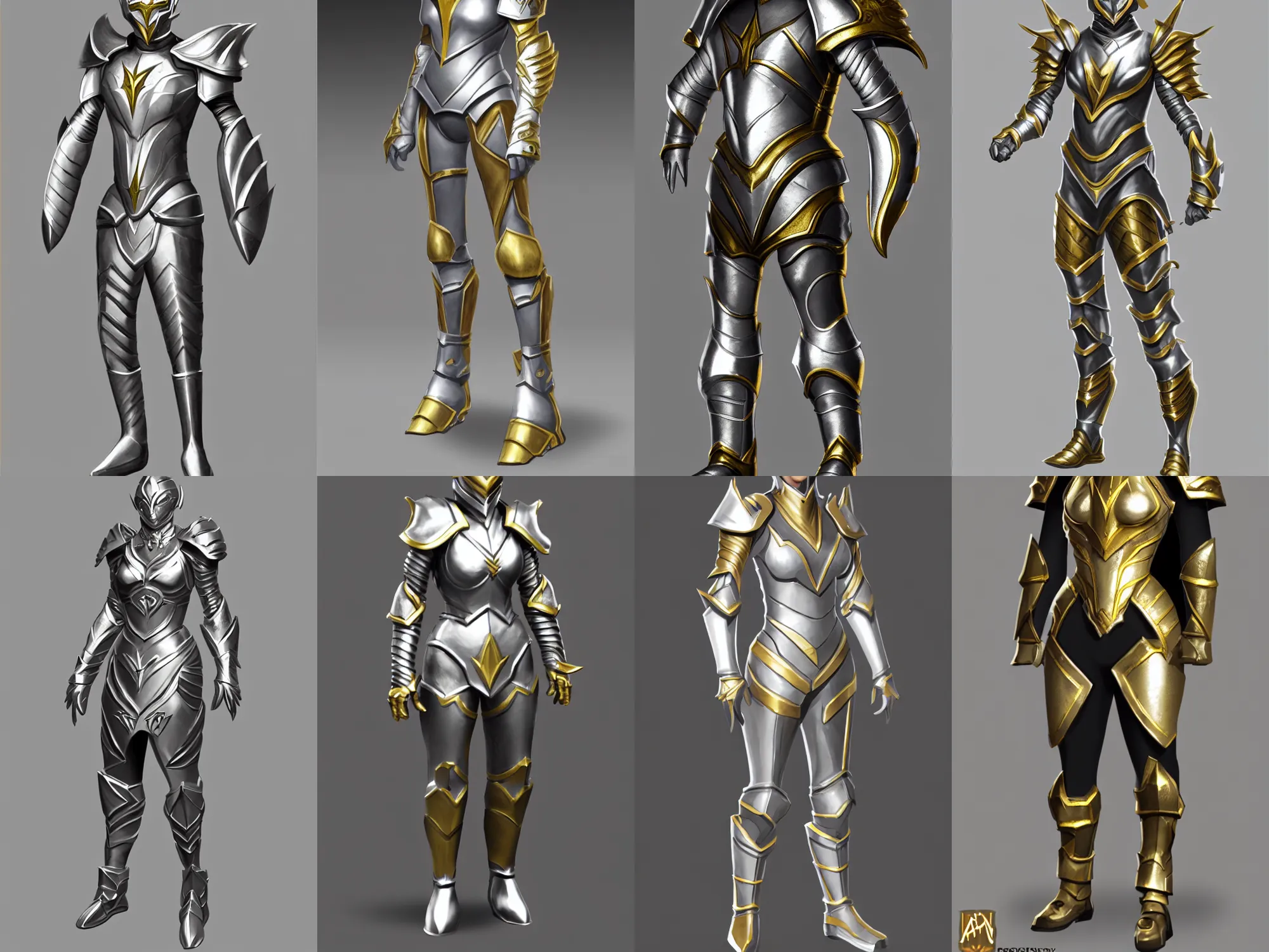 Prompt: flashy fantasy armor, silver with gold trim, extremely polished, exaggerated proportions, flat shading, smooth, uncluttered, extremely clean, trending on artstation, trending on polycount, fantasy character portrait, professional concept art, front view, A-pose, full body