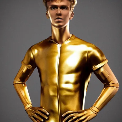 Image similar to a realistic detailed photo of a guy who is an attractive humanoid who is half robot and half humanoid, who is a male android, soccer player martin ødegaard, shiny skin, posing like a statue, blank stare, in a living room, on display, showing off his muscles, gold soccer shorts