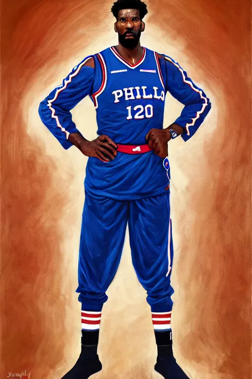 Prompt: full body portrait of the dictator of the philadelphia 7 6 ers, 1 8 8 9, in full military garb, joel embiid, oil on canvas by william sidney mount, trending on artstation