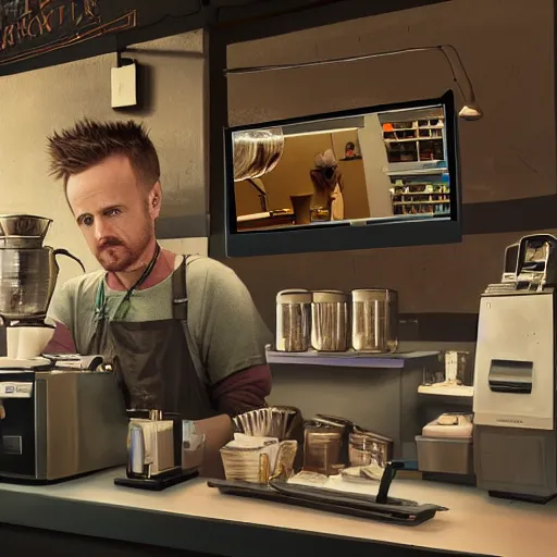 Image similar to Hyperrealistic ultradetailed matte painting of Jesse Pinkman working at a coffee shop, realistic, detailed lighting, cinematic, trending on artstation and 500px and behance