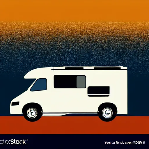 Prompt: very very very stylized minimal vector graphic of a thor chateau motorhome, mountains, highway and sunset!!, white background, dramatic, professional minimal graphic design cartoon