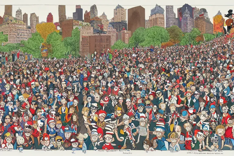 Image similar to an elaborate penned child illustration of a convention of waldo's in new york city and central park, where's wally, where's waldo, by martin hand ford and by jan van haasteren