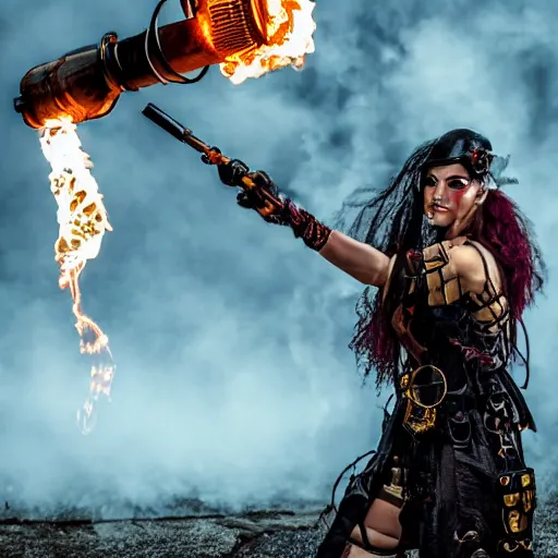 Prompt: photo of steampunk warrior woman with flamethrower