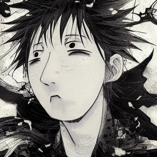 Image similar to Yoshitaka Amano blurred and dreamy illustration of an anime man with black short hair fluttering in the wind and cracks on his face, abstract black and white patterns on the background, noisy film grain effect, highly detailed, Renaissance oil painting, weird portrait angle