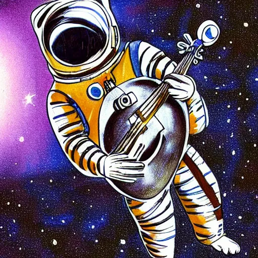 Prompt: a cat astronaut in space holding a violin, drawn with permanent marker