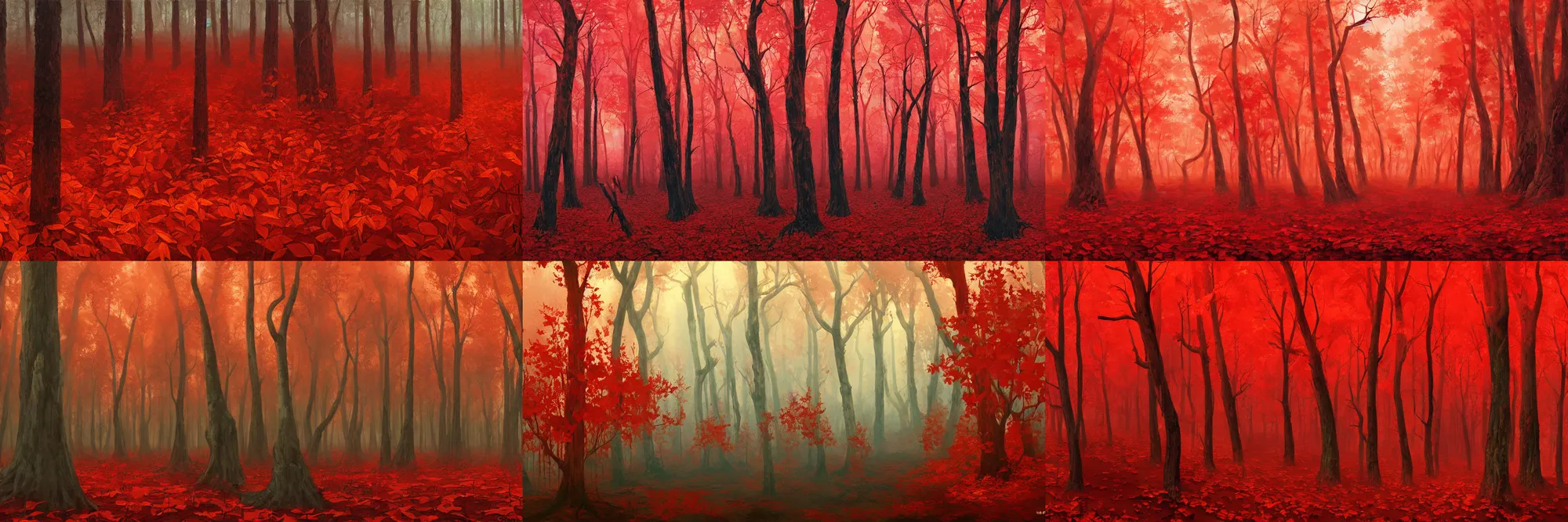 Prompt: oil painting of A red fire forest of trees with flaming leaves ,by M.C. Escher and James Jean and Greg Rutkowski and Craig Mullins