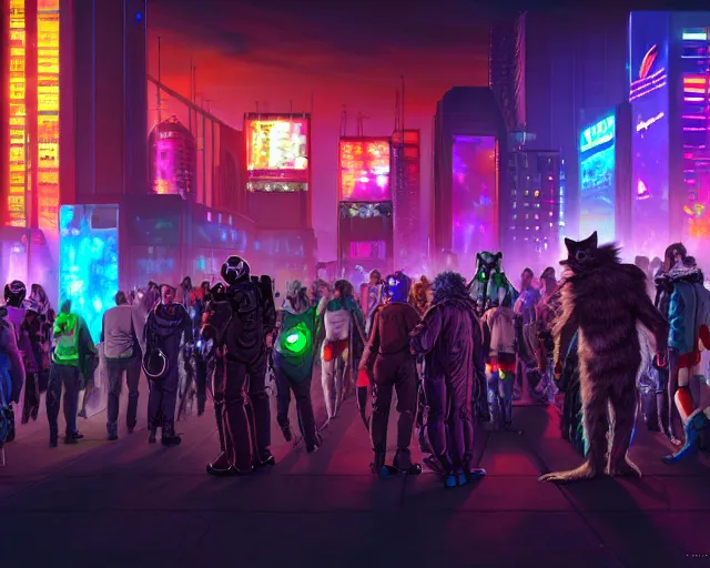 Image similar to high - resolution photograph from a cyberpunk era furry fandom convention ( midwest furfest 2 0 4 7 ), taking place after the genetic revolution and singularity. photorealistic.