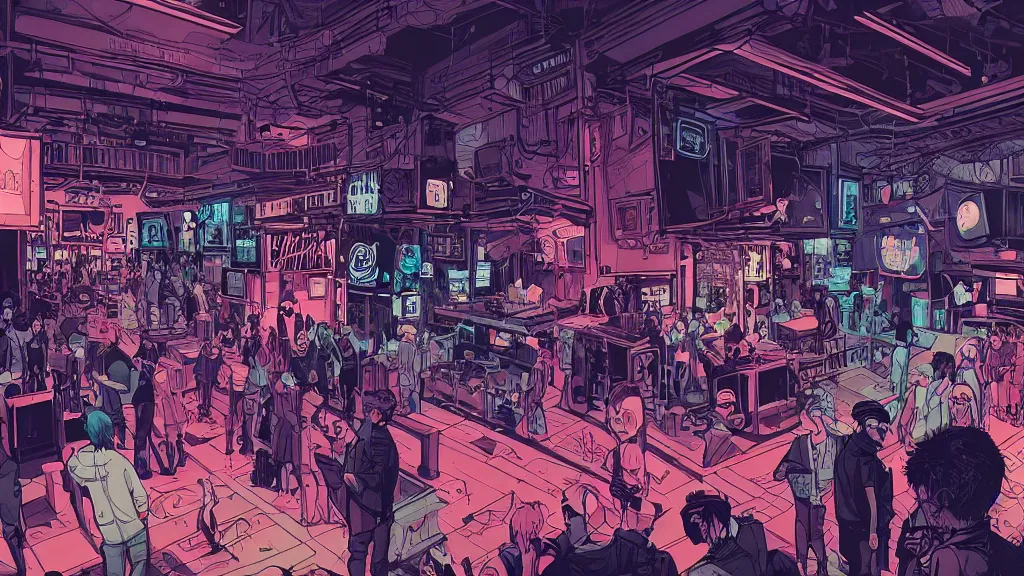 Image similar to very detailed, prophet graphic novel, ilya kuvshinov, mcbess, rutkowski, simon roy, illustration of a cyberpunk nightclub, wide shot, colorful, deep shadows, briliant lights