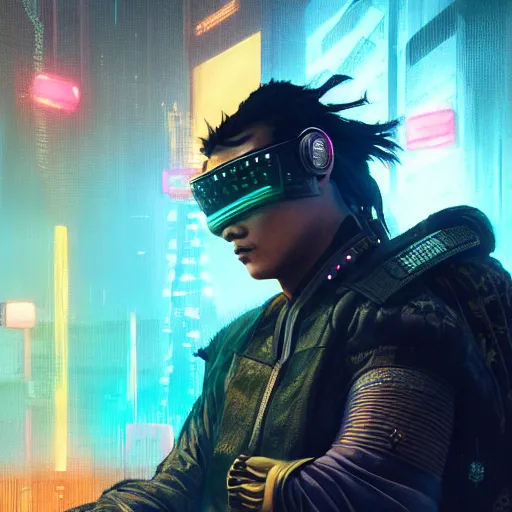 Image similar to cyberpunk samurai, with techware, subject centered in the frame, golden ratio, rule of thirds, volumetric lighting, prismatic neon accents, D&D, intricate, elegant, highly detailed, digital painting, japanese , altered carbon style, trending on artstation, unreal engine 5, octane render, redshift, concept art, art by Artgerm and Greg Rutkowski and Alphonse Mucha