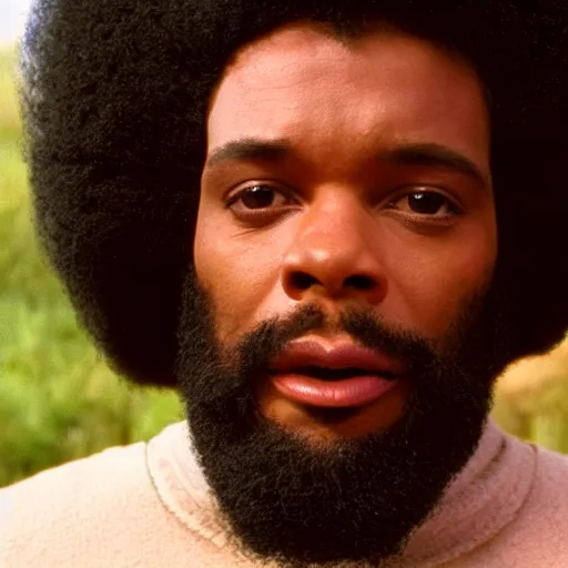 Prompt: film still of a black man with afro hair and raspy beard stubble in 2 0 0 1 a space odyssey