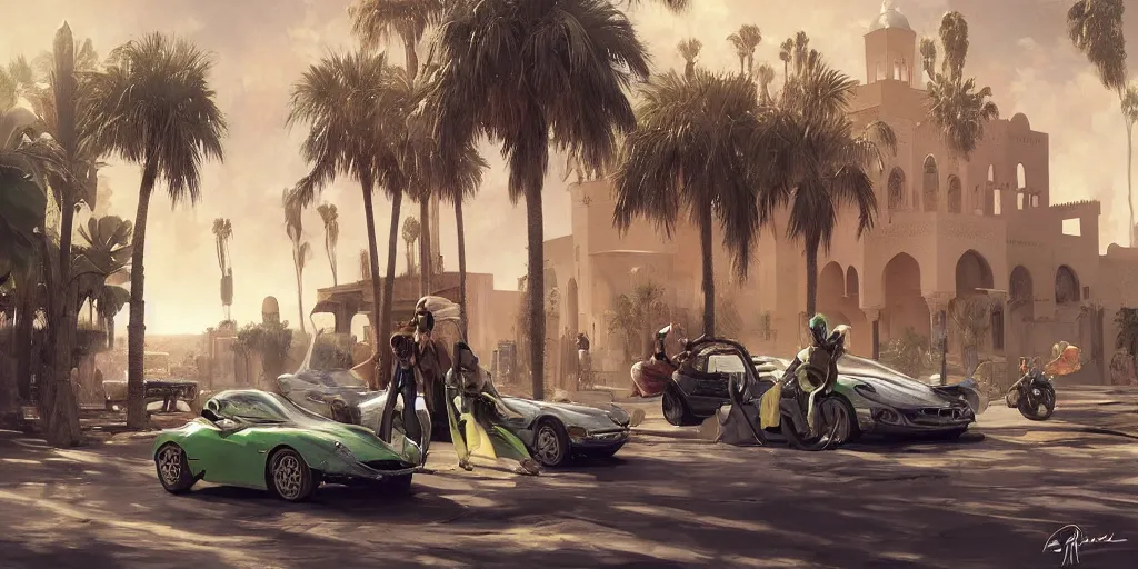 Prompt: kermit driving a car, wlop, moroccan city, moroccan mosque, palm trees, redneck country, style in digital painting, concept art, smooth illustration, by ruan jia and mandy jurgens and william - adolphe bouguereau, artgerm