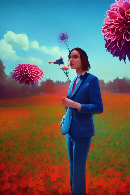 Image similar to closeup giant dahlia flower head, girl in a suit, street, surreal photography, blue sky, sunrise, dramatic light, impressionist painting, digital painting, artstation, simon stalenhag