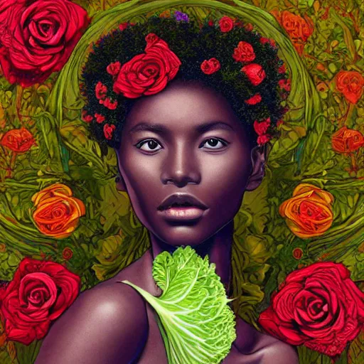 Prompt: the anatomy of a head of lettuce with roses that resemble a beautiful young african woman looking up, an ultrafine detailed illustration by james jean, intricate linework, bright colors, final fantasy, behance contest winner, vanitas, angular, altermodern, unreal engine 5 highly rendered, global illumination, radiant light, detailed and intricate environment